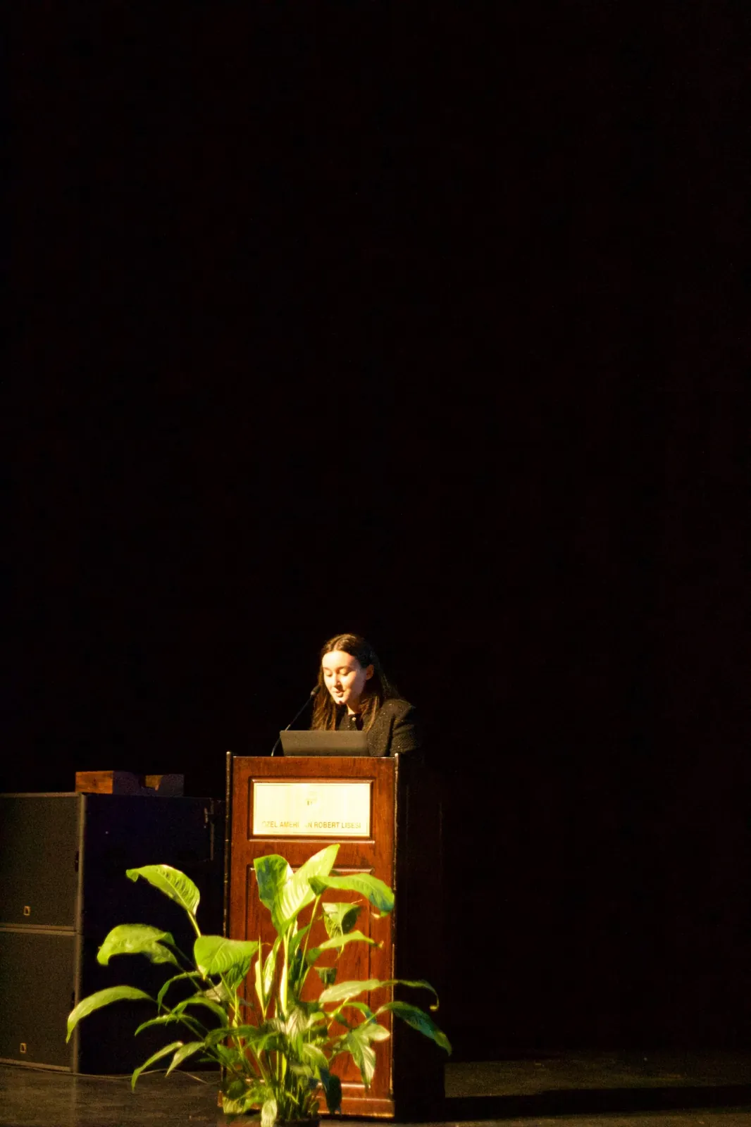 A speaker at the lectern on a darkened stage
